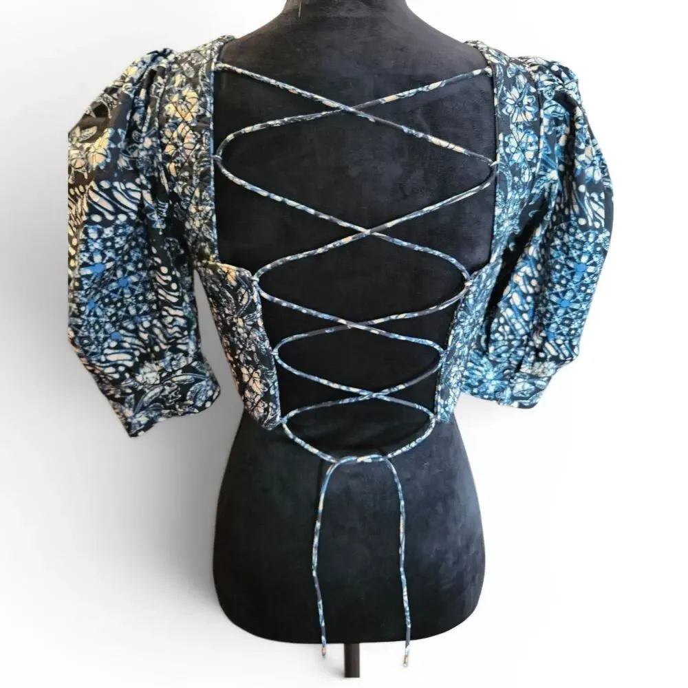 Ulla Johnson Crop Blue Floral Square Neck Lace-Up Back Puff Sleeve Blouse Sz 0